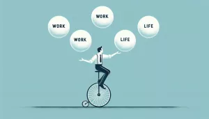 Man on unicycle juggling balls marked ‘work’ and ‘life’, symbolizing work-life balance