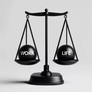 Twin scale balancing ‘work’ and ‘life’ spheres, depicting work-life equilibrium