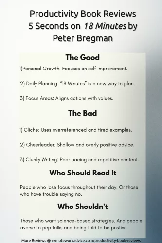 Summary of Peter Bregman’s 18 Minutes showing pros, cons, and reader fit. Divided into four sections: The Good, The Bad, Who Should Read, and Who Shouldn’t.
