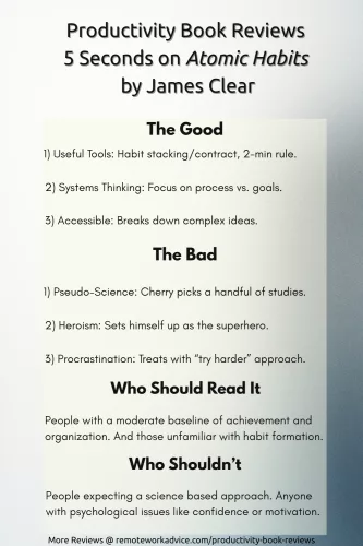 Visual review of Atomic Habits by James Clear using a “Good / Bad / Who Should Read” format. Highlights habit stacking, systems thinking, and accessibility. Critiques pseudo-scientific framing, hero narrative, and shallow treatment of procrastination. Designed for fast scanning with ironic undertones and editorial clarity.