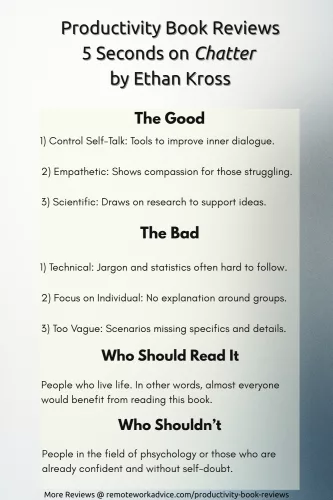 Summary of Ethan Kross's Chatter showing pros, cons, and reader fit. Divided into four sections: The Good, The Bad, Who Should Read, and Who Shouldn’t.
