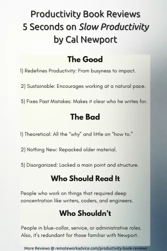 5 Second Summary of Slow Productivity by Cal Newport with pros, cons, and reader fit. Divided into four sections: The Good, The Bad, Who Should Read, Who Shouldn’t.